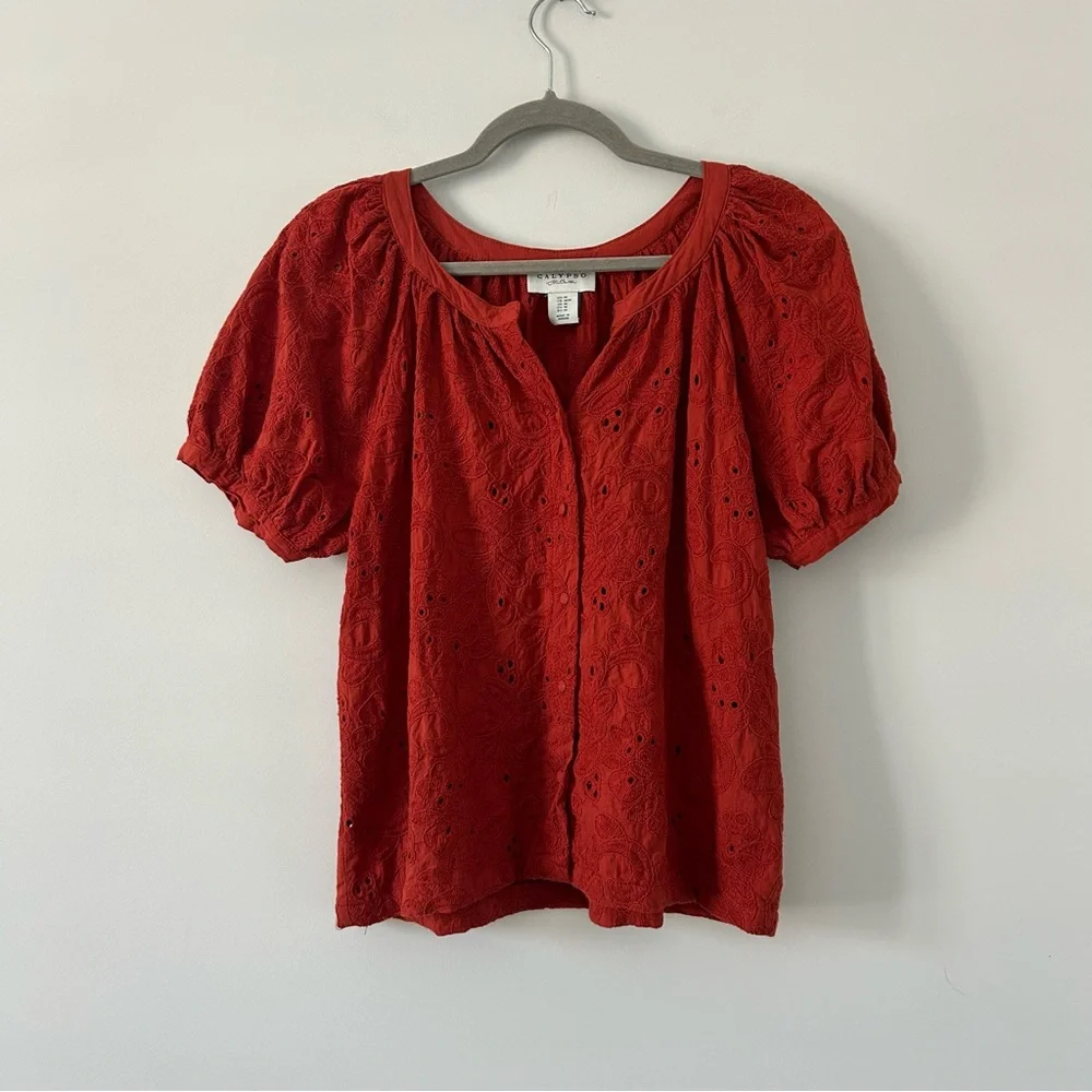 Calypso St. Barth Burnt Orange Eyelet Puffed Sleeve Button Down Cotton Blouse M - Picture 1 of 8